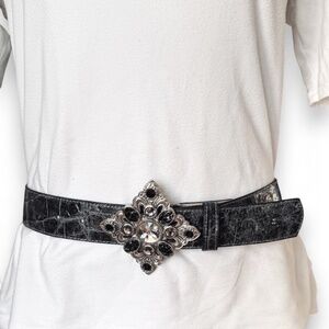 Leatherock Black Crackle Leather Belt Square Crystal Buckle